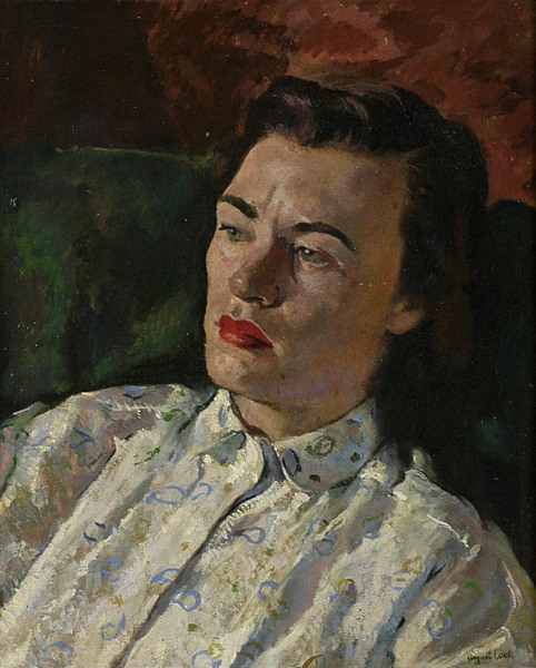 Woman in Print Blouse Seated in a Green Chair