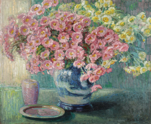 Mums in a Blue Vase