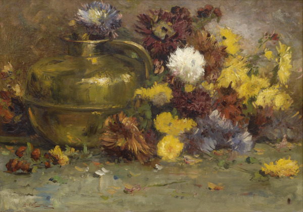 Chrysanthemums in a Brass Pot