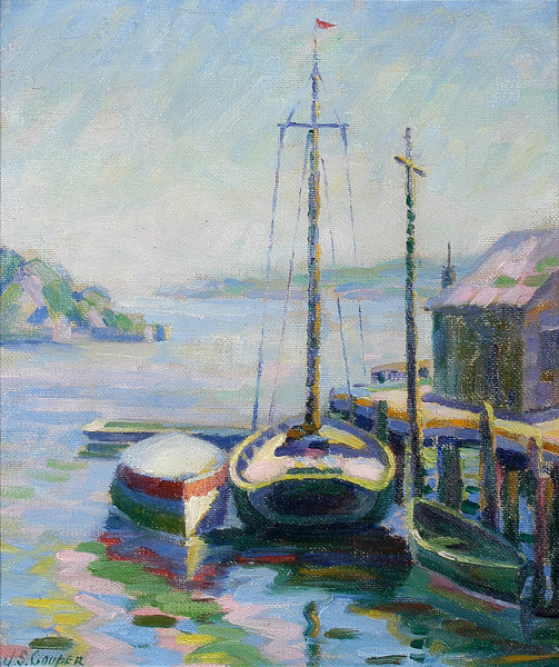 Lake Scene with Boat House and Boats