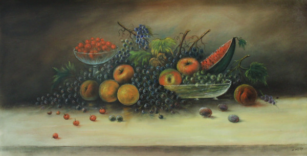 Still Life of Grapes, Peaches, Apples, Plums, Watermelon and Cherries