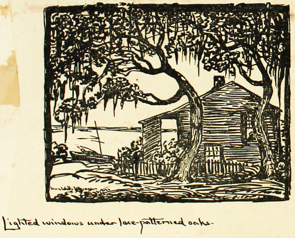 Lighted windows under lace-patterned oaks-