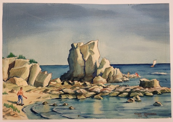 Untitled (rocky coastal landscape with figures)