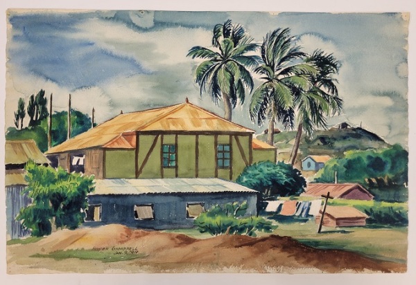 Untitled (buildings, shrubs, and three palms)