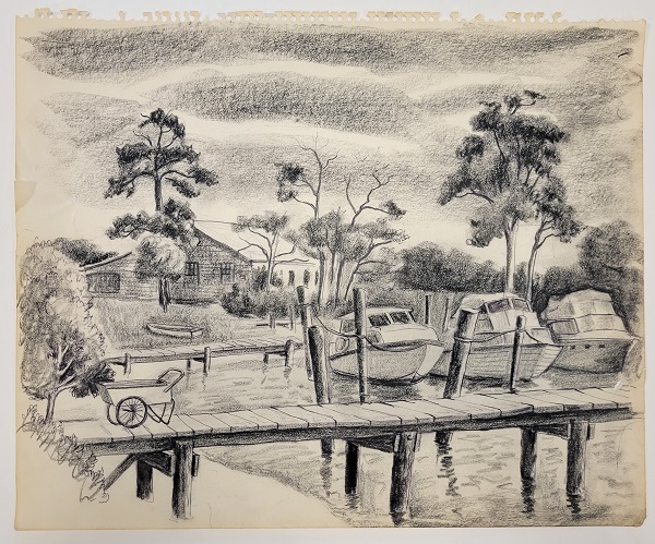 Untitled (three docked boats and a brick house in the background)
