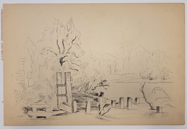 Untitled (building materials with two houses and some trees in the background)