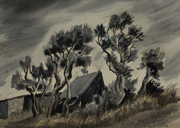 Untitled (tents behind five trees and grasses)